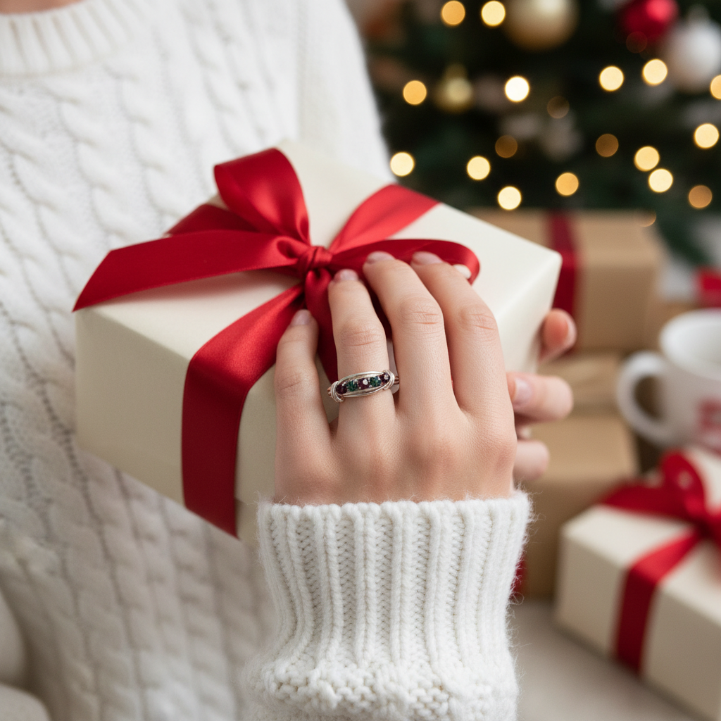 Woman wearing Christmas wreath ring holding gift