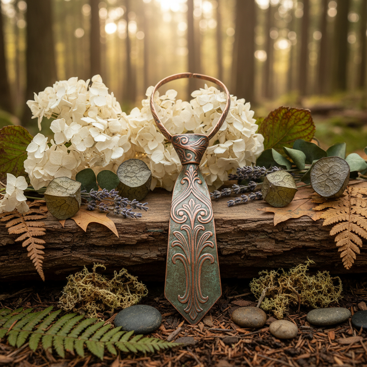 Copper embossed necktie necklace with dried flowers