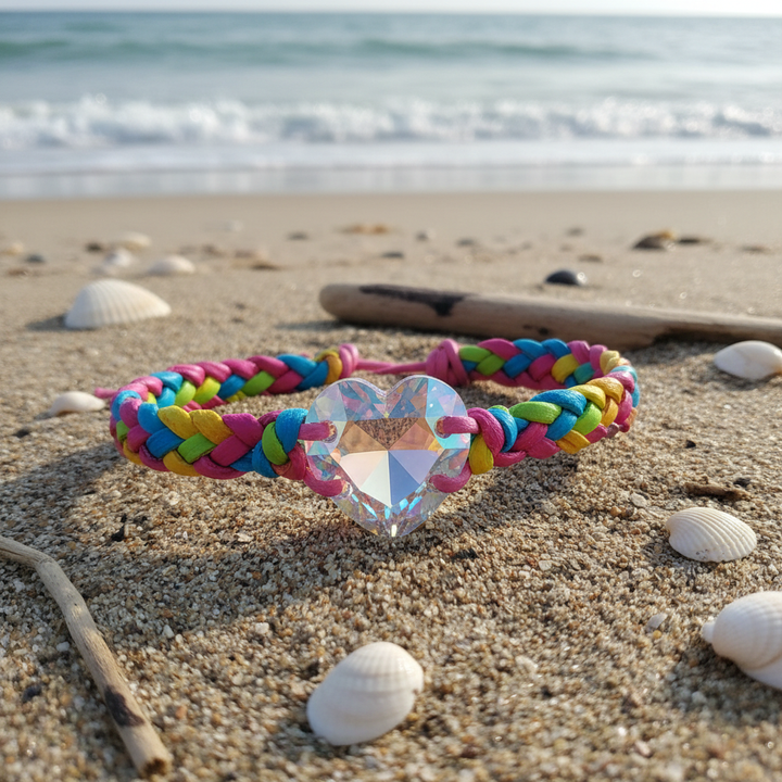 Colorful macrame leather bracelet on beach sand