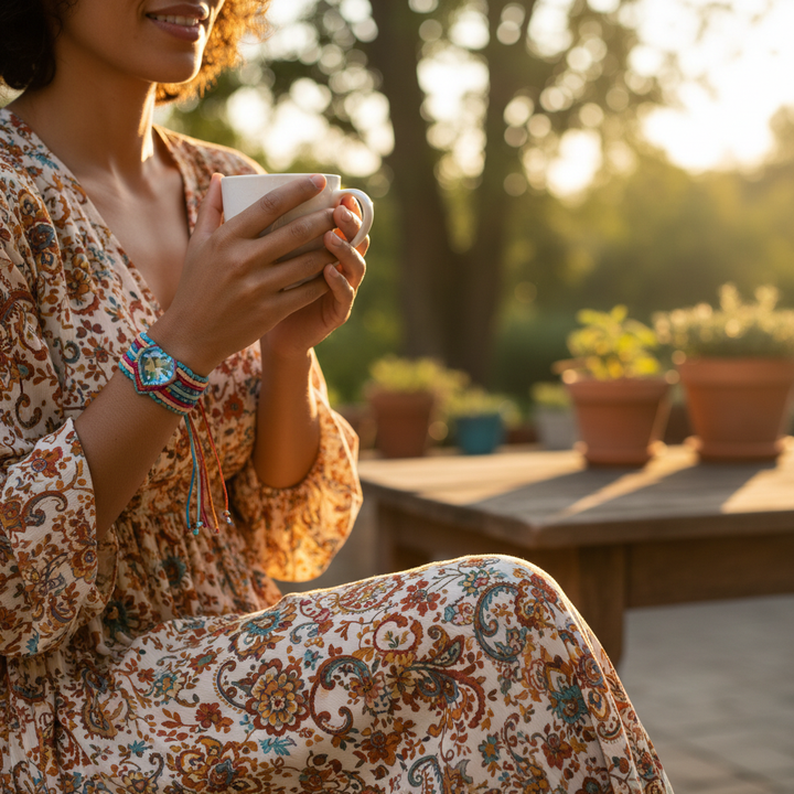 Woman with medium skin tone wearing tie-dye macrame bracelet with coffee