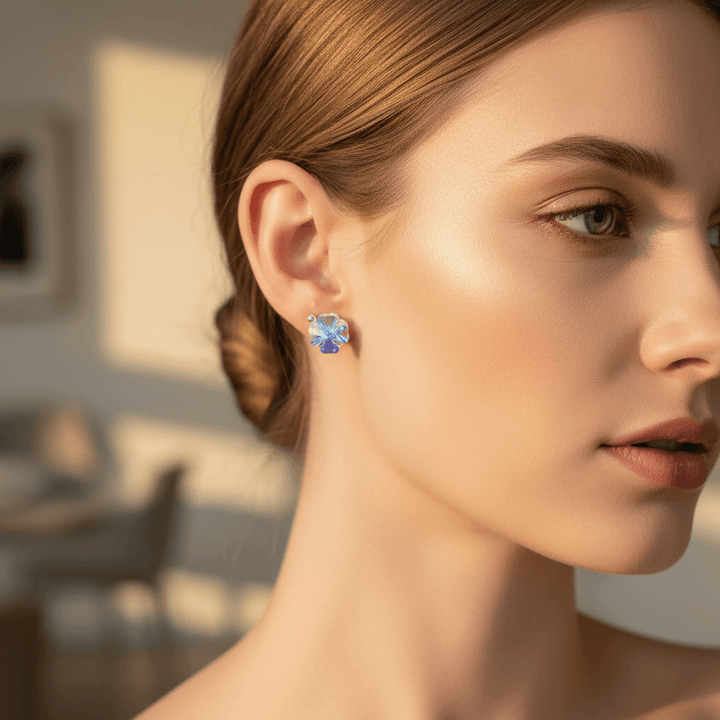 Woman wearing 8mm Crystal Clover Silver Spiral Ear Studs - lifestyle shot showing iridescent crystals