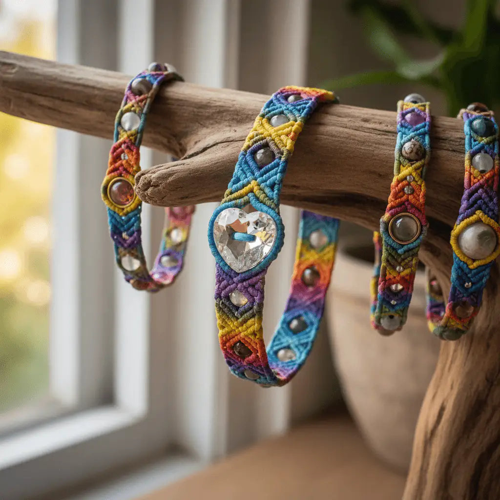 Colorful macrame bracelet on rustic wooden jewelry stand