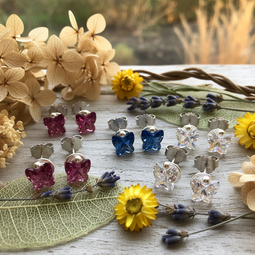 Butterfly studs with dried flowers