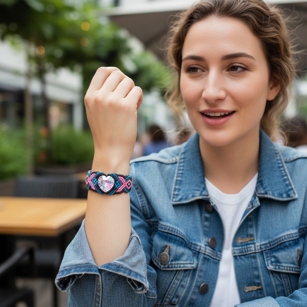 Woman wearing macrame tie-dye leather bracelet with denim jacket