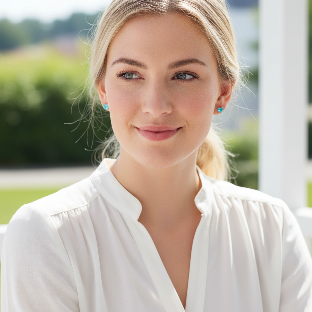 Woman wearing aquamarine blue butterfly studs