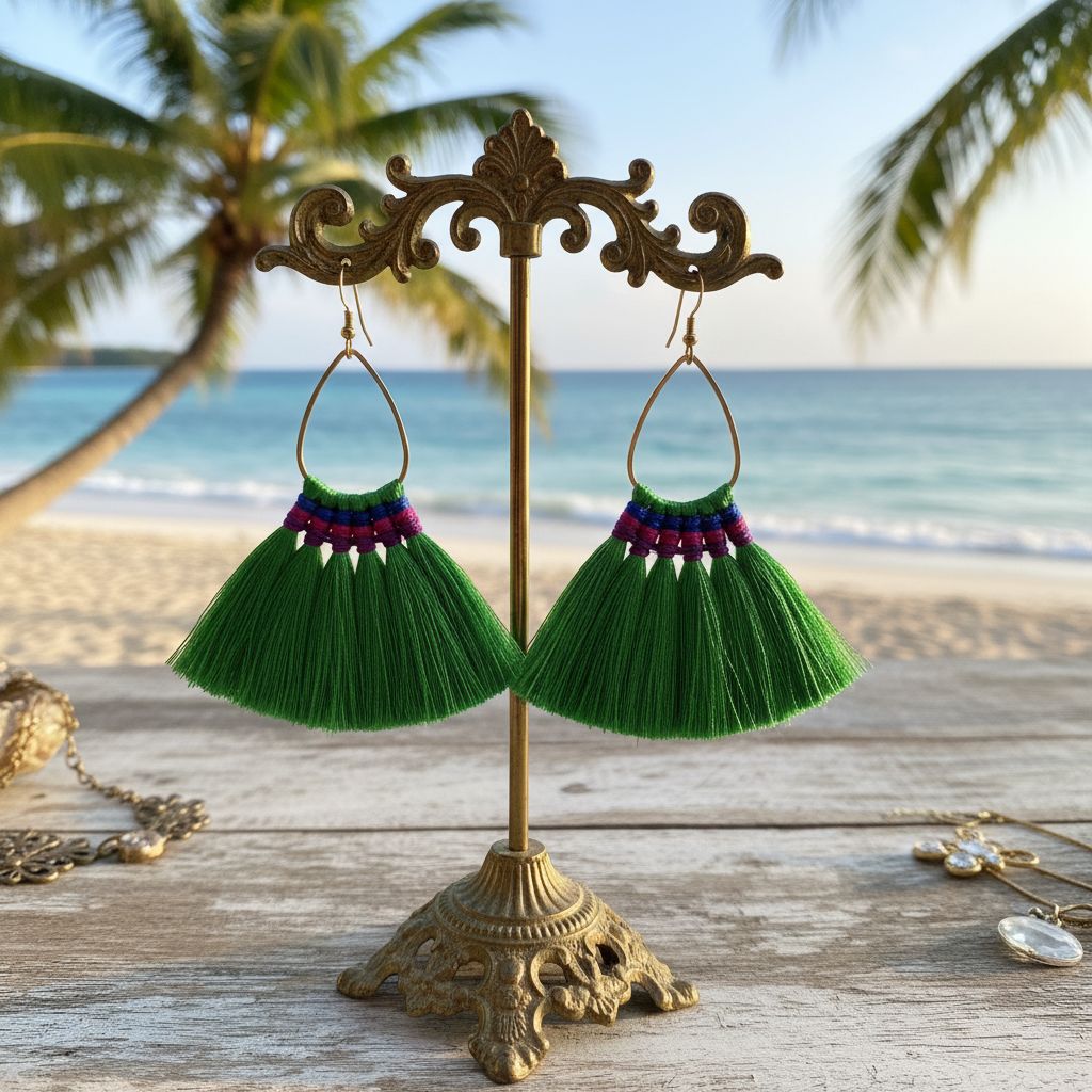 Handmade Hawaii Hula Skirt Rayon Silk Tassel Hoop Earrings displayed on a vintage stand with a tropical beach backdrop.