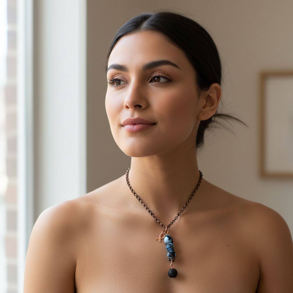 Woman wearing a Child Abuse Awareness Agate Necklace With Lava Rock Bead, featuring blue agate beads and a copper spiral pendant.