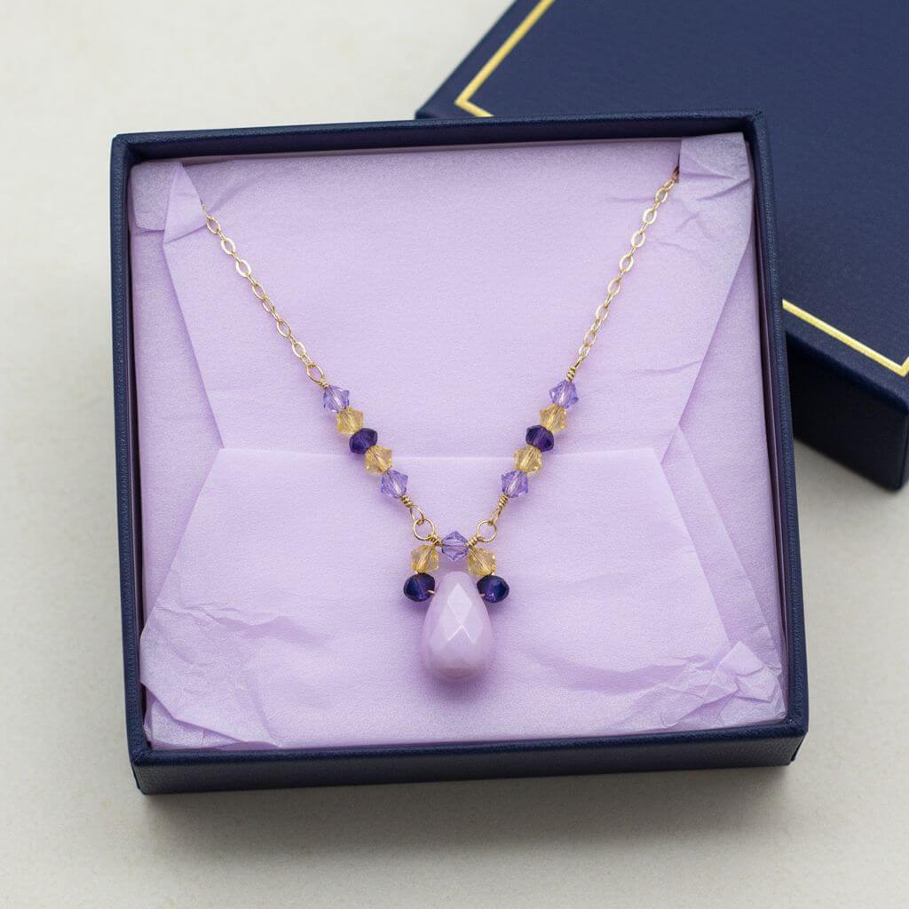 Lavender Candy Jade Drop Gold Wire Wrapped Necklace