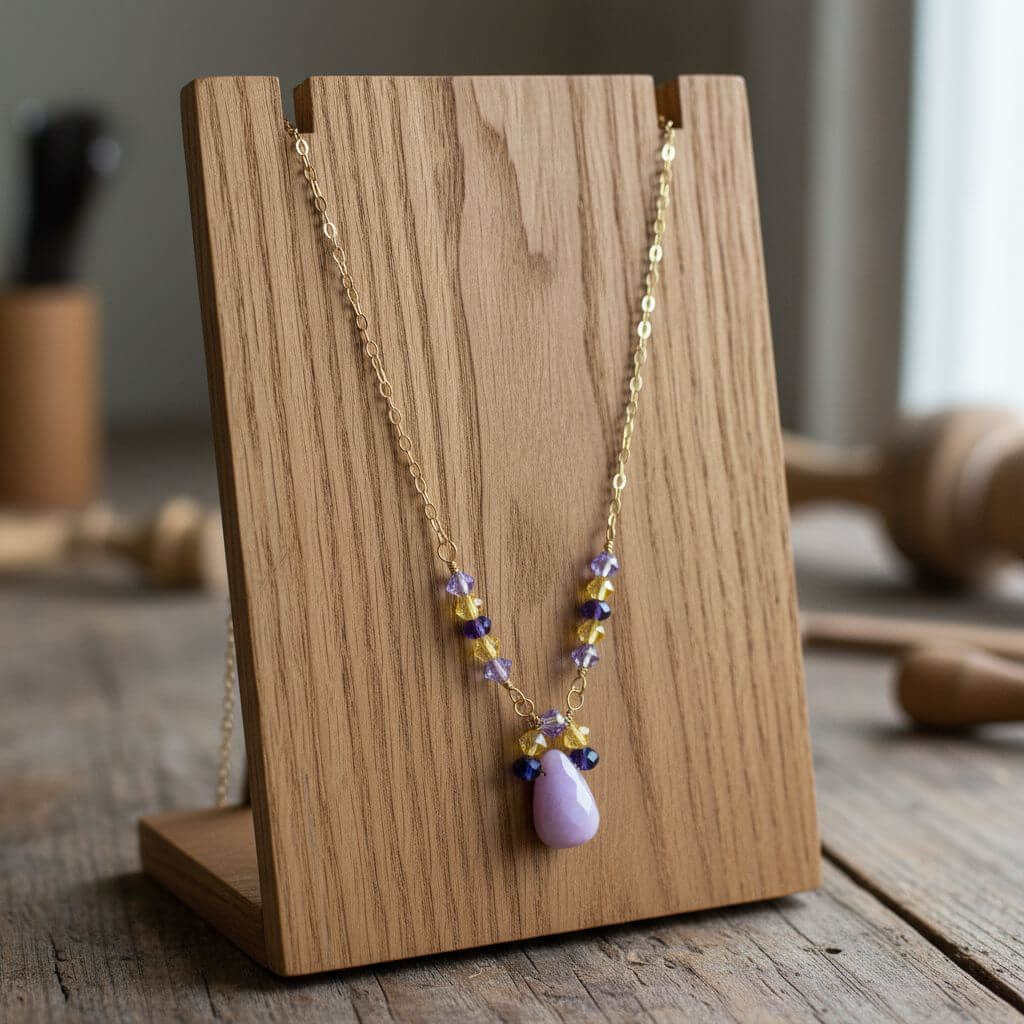 Lavender Candy Jade Drop Gold Wire Wrapped Necklace