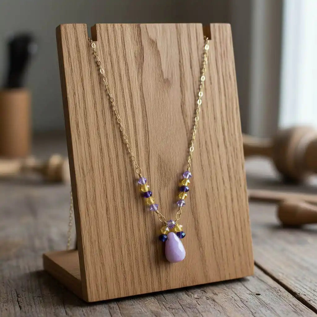 Lavender Candy Jade Drop Gold Wire Wrapped Necklace displayed on a wooden stand, showcasing its lavender-pink pendant and Swarovski accents.