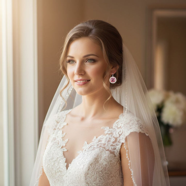Elegant bride wearing Handmade Beaded Bezel Pink Crystal Halo Earrings, showcasing vintage-inspired Swarovski elegance.