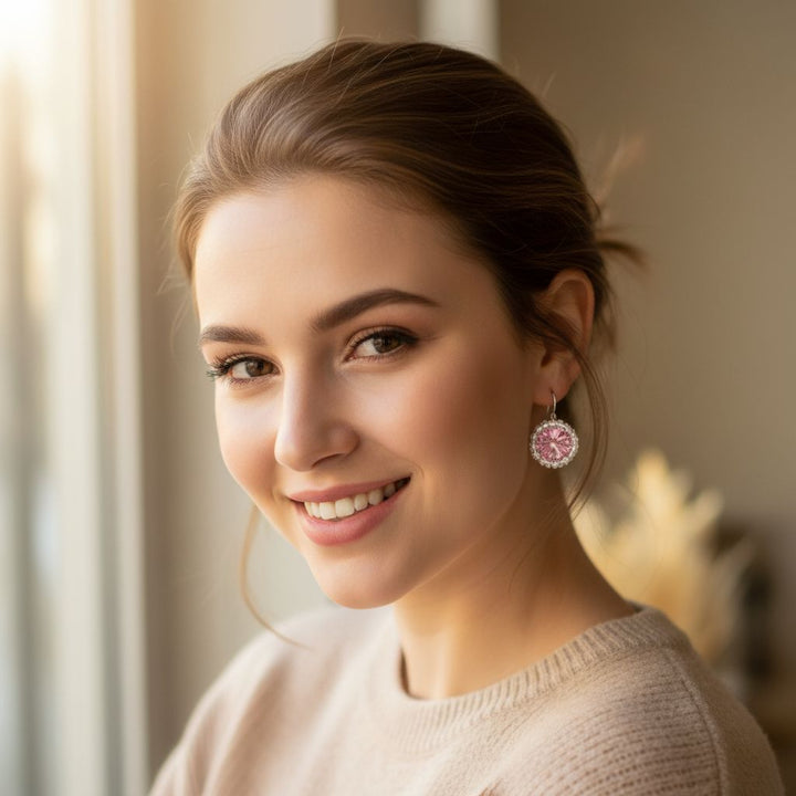 Woman smiling while wearing Handmade Beaded Bezel Pink Crystal Halo Earrings, showcasing their vintage-inspired elegance.