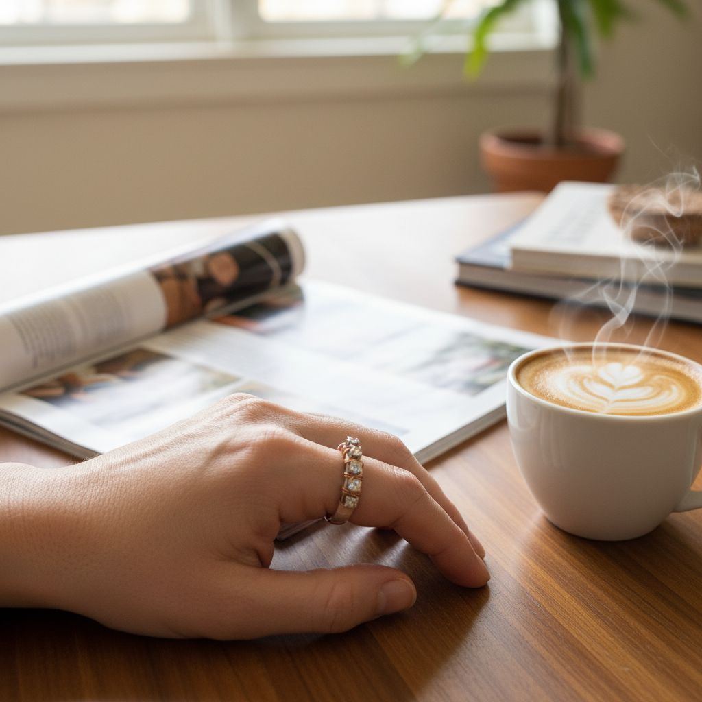 Rose Gold Filled Wire Wrapped Sparkly Crystal Bling Ring worn on hand beside a steaming cup of coffee and magazines.