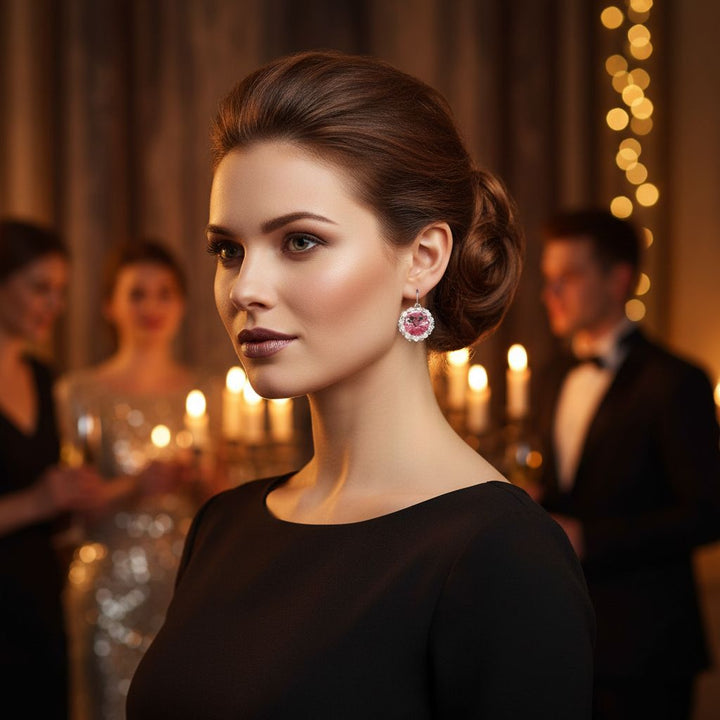 Handmade Beaded Bezel Pink Crystal Halo Earrings worn by a model at an elegant event with soft lighting.