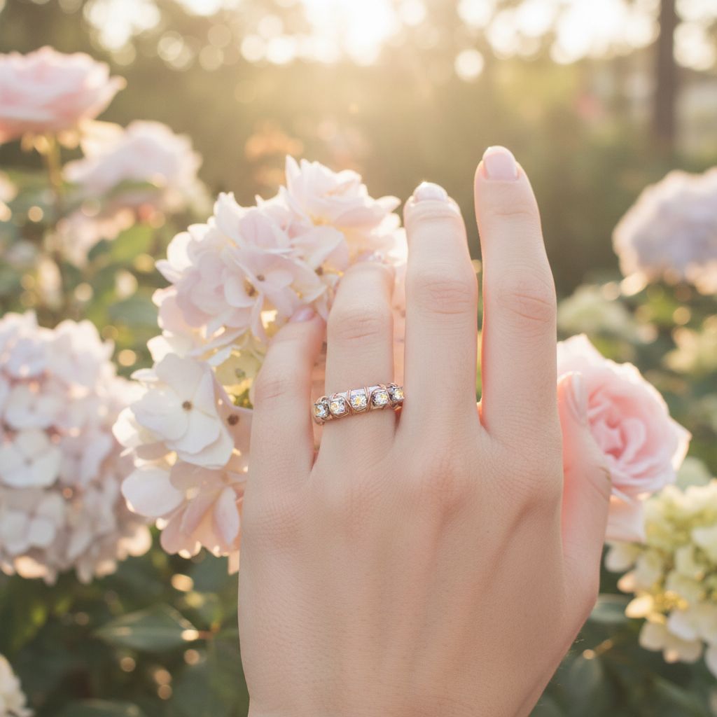Rose Gold Filled Wire Wrapped Sparkly Crystal Bling Ring worn by a hand among pink roses in a sunlit garden.
