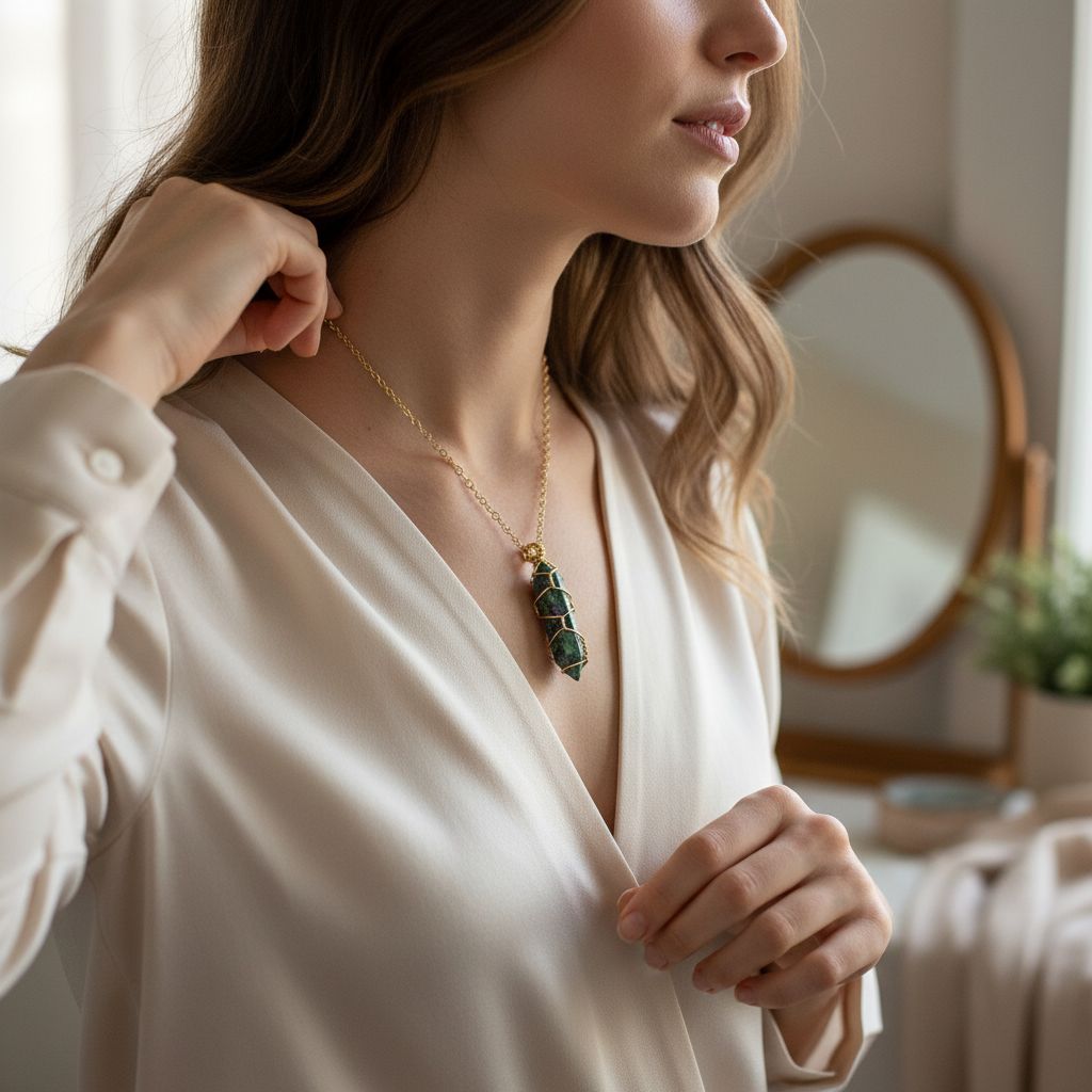 Gold Wire Caged In Ruby In Zoisite Pointed Crystal Necklace worn by a model in a stylish outfit.