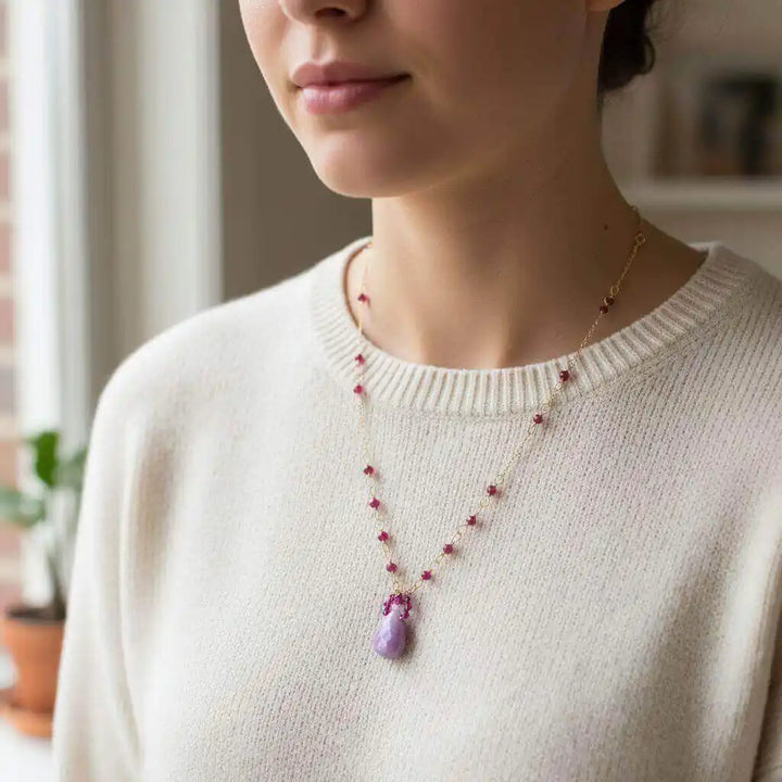 Lilac Jade Drop Gemstone Wire Wrapped Gold Filled Necklace displayed on a model wearing a cozy sweater.