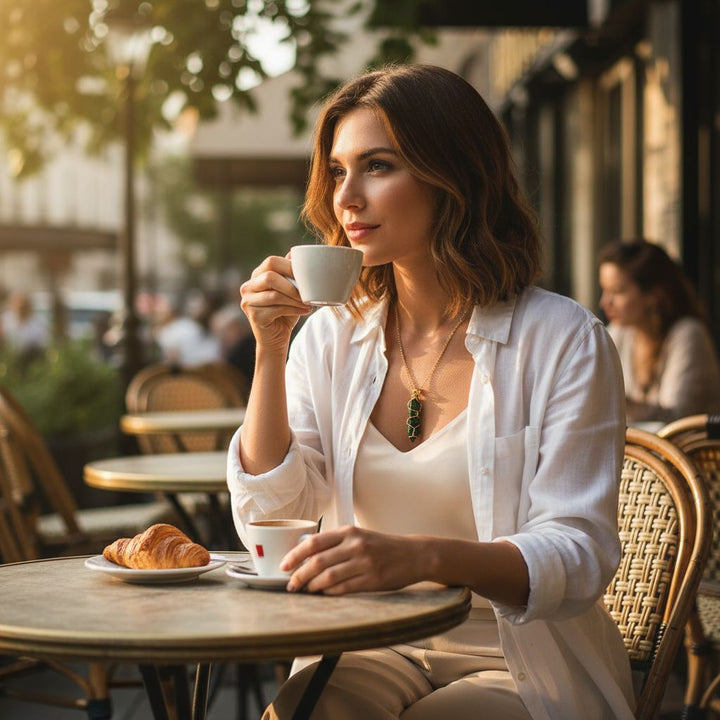 Gold Wire Caged In Ruby In Zoisite Pointed Crystal Necklace worn by woman enjoying coffee at outdoor cafe.