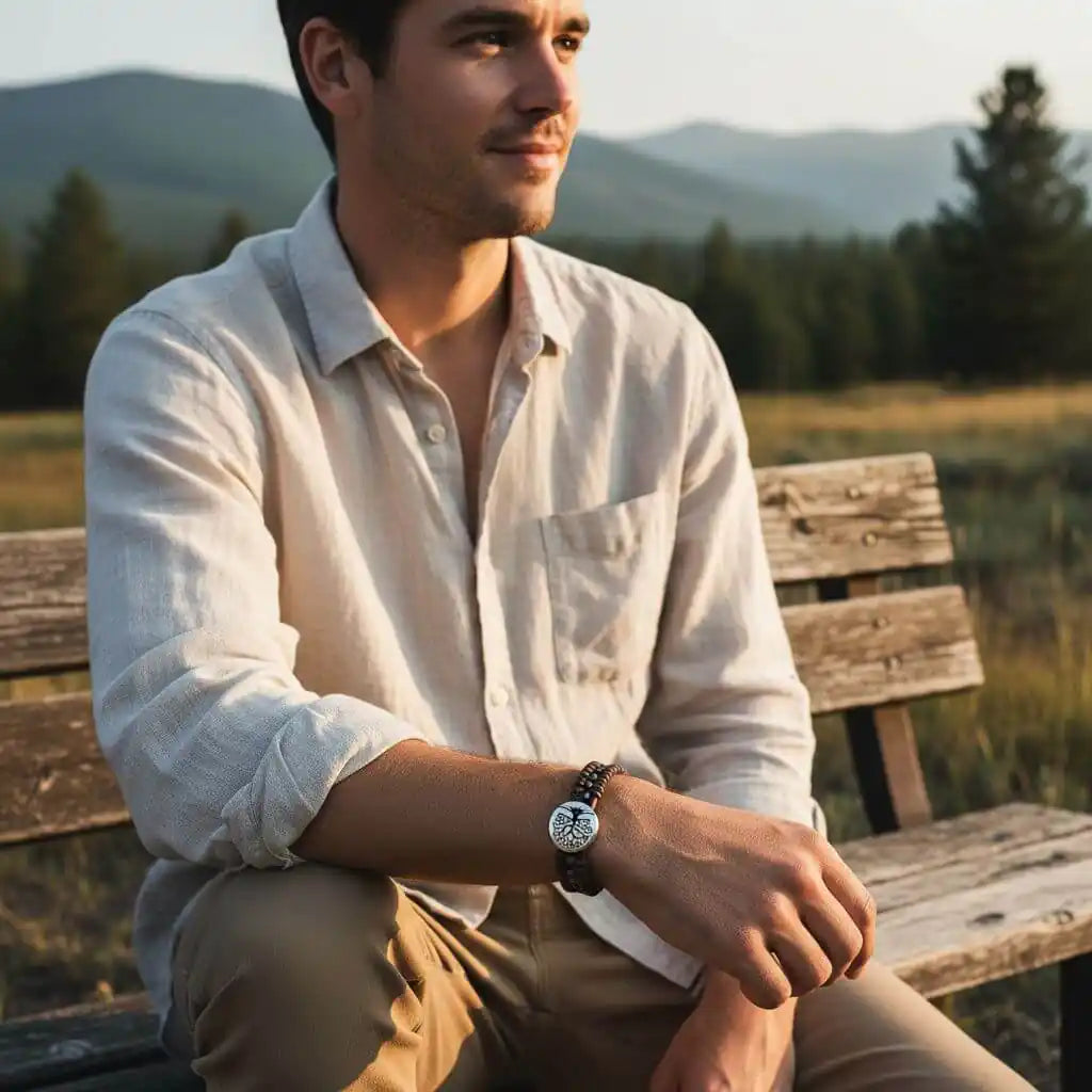 A man wearing a watch and a Handmade Tree of Life leather wrap bracelet, seated on a bench in a scenic outdoor setting.