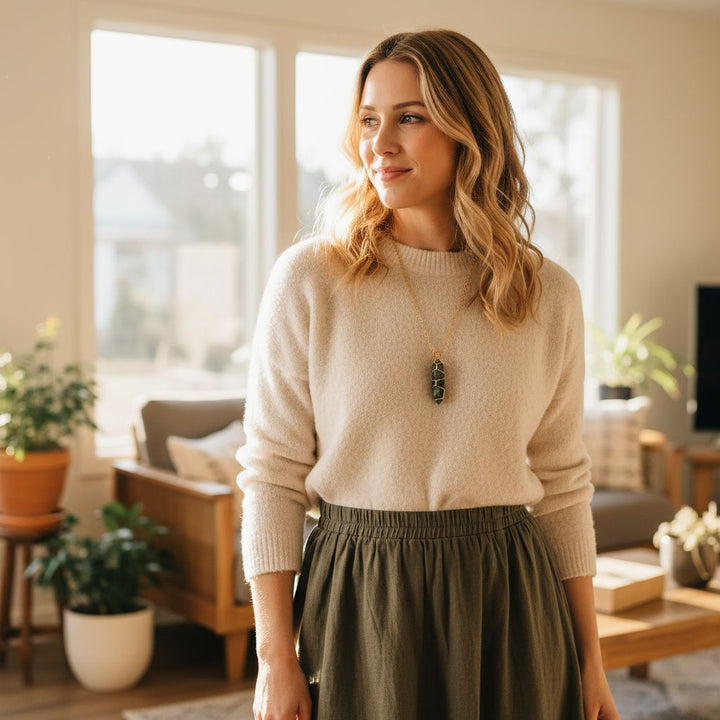 Model wearing Gold Wire Caged In Ruby In Zoisite Pointed Crystal Necklace in a bright living room setting.