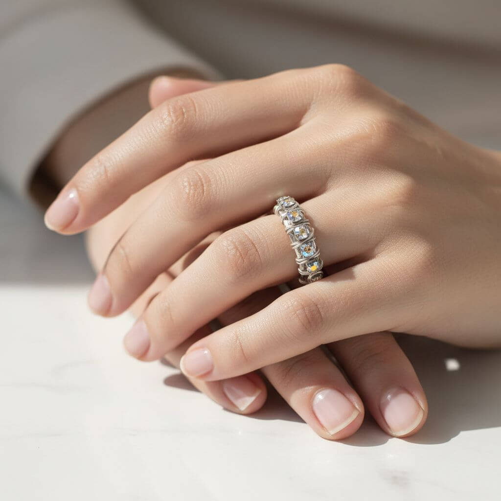 Wire Wrapped Silver Hammered Super Sparkly Crystal Bling Ring