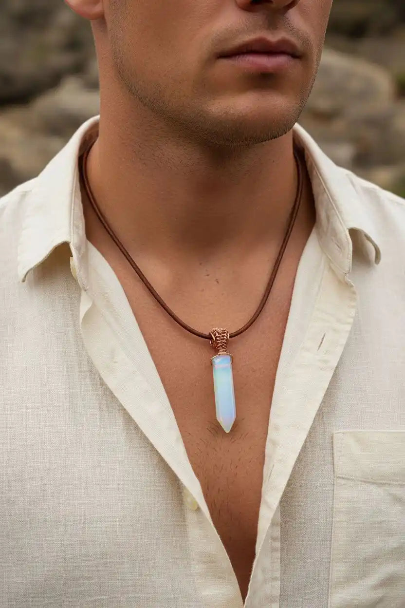 Handmade Rustic Wire Wrapped Gemstone Leather Necklace featuring a pointed crystal on leather cord.