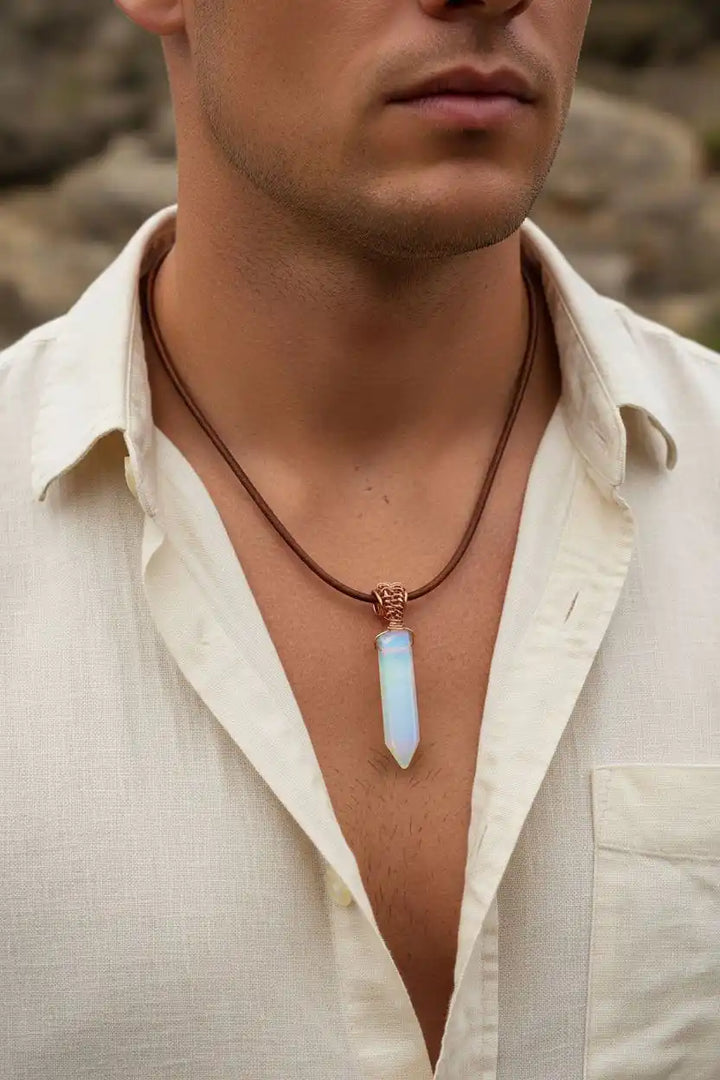 Handmade Rustic Wire Wrapped Gemstone Leather Necklace featuring a pointed crystal on leather cord.