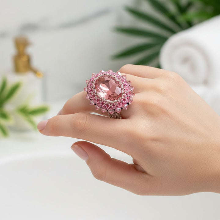 Epic Beaded Rose Crystal Bling Cocktail Ring