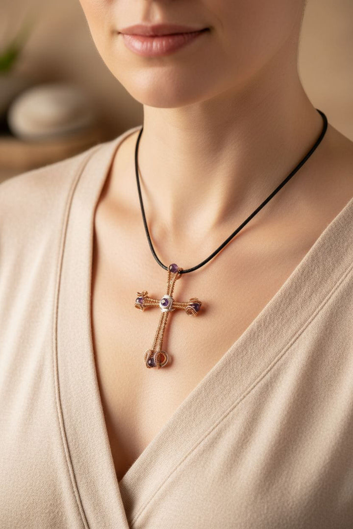 Large Amethyst Wire Woven Copper and Silver Cross Crystal Necklace