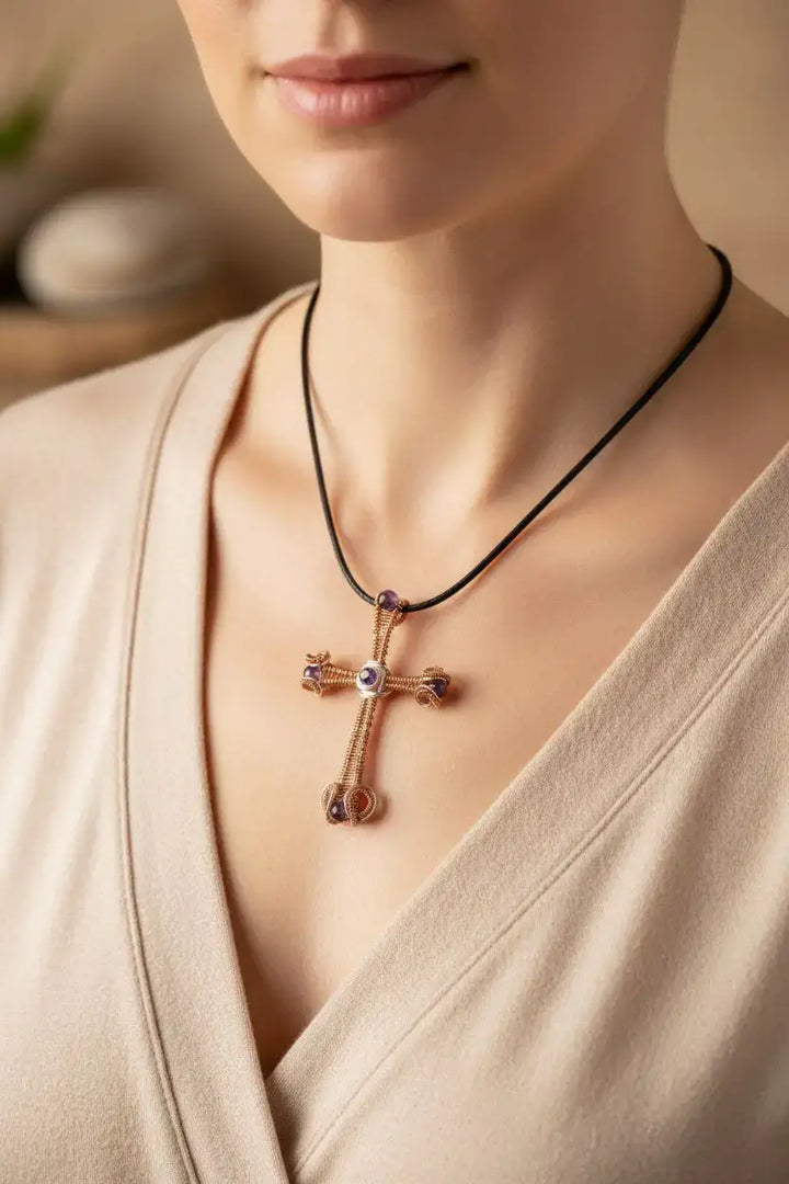 Large Wire Woven Copper Silver Amethyst Cross Necklace displayed on model&