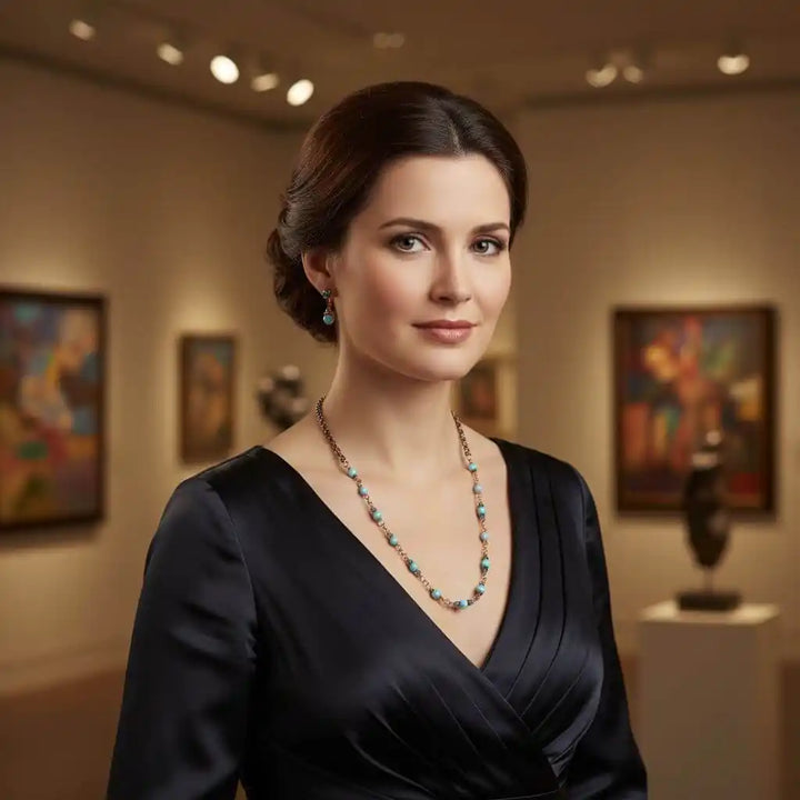 Model showcasing Wire Wrapped 24 Inches Copper Turquoise Necklace in an art gallery.
