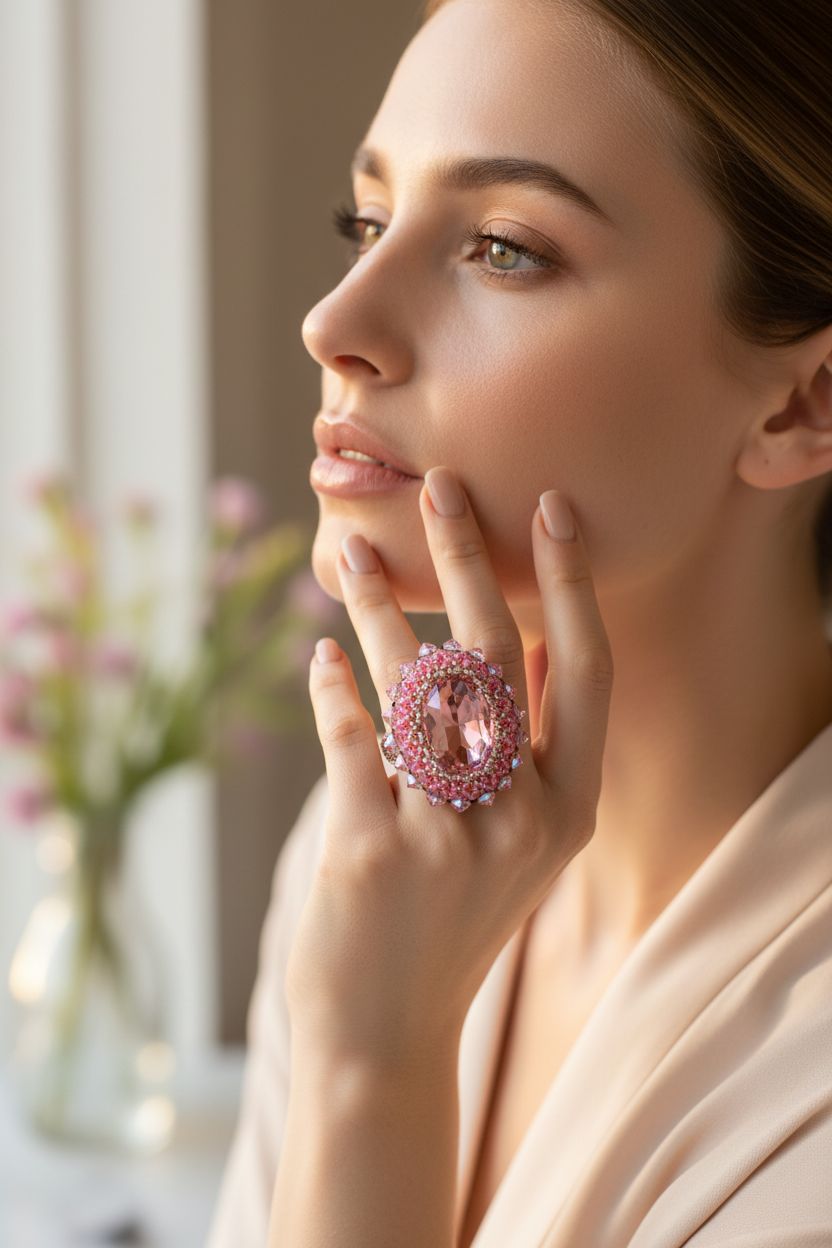 Epic Beaded Rose Crystal Bling Cocktail Ring