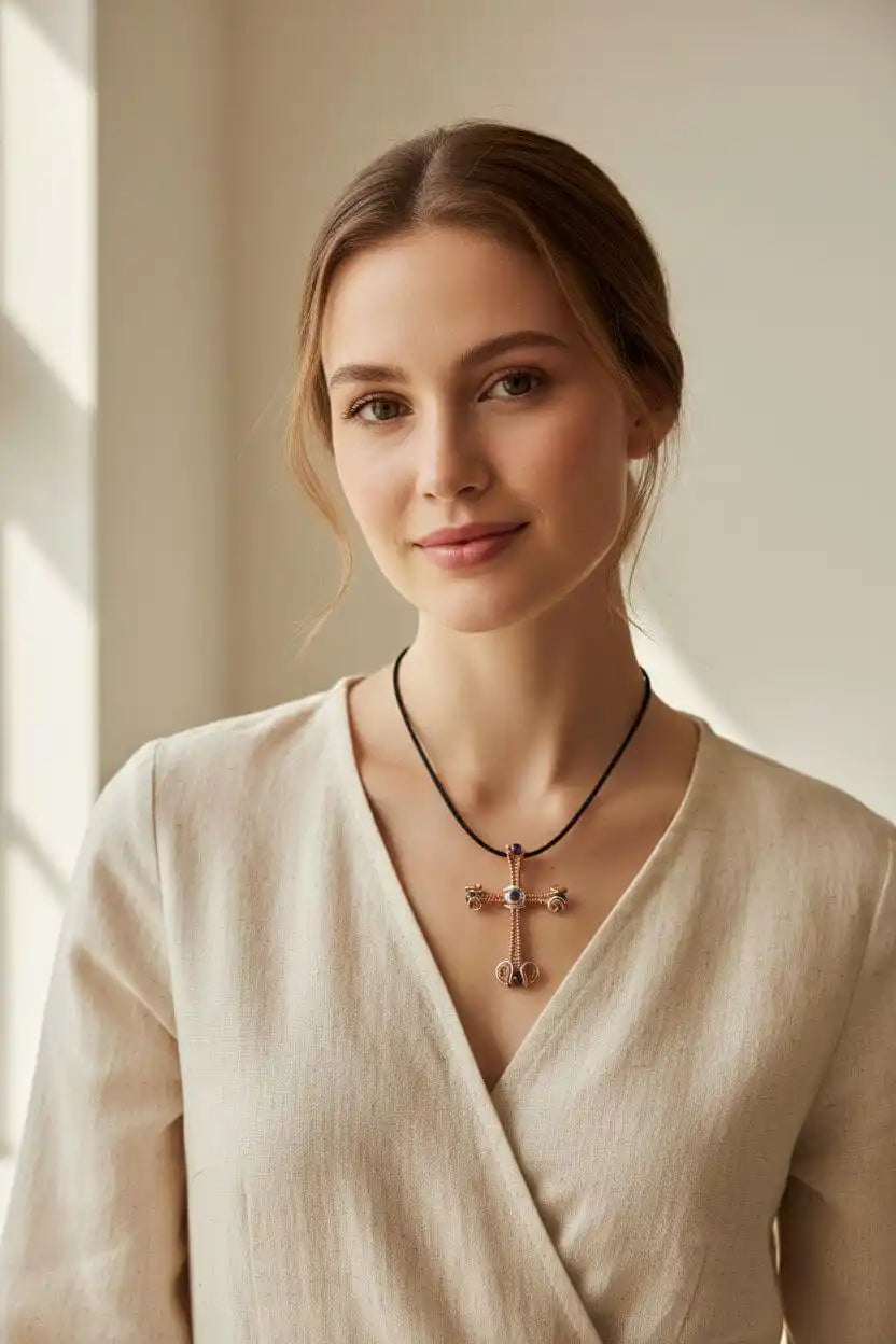 Large Wire Woven Copper Silver Amethyst Cross Necklace worn by a model in a light-colored top with a soft background.