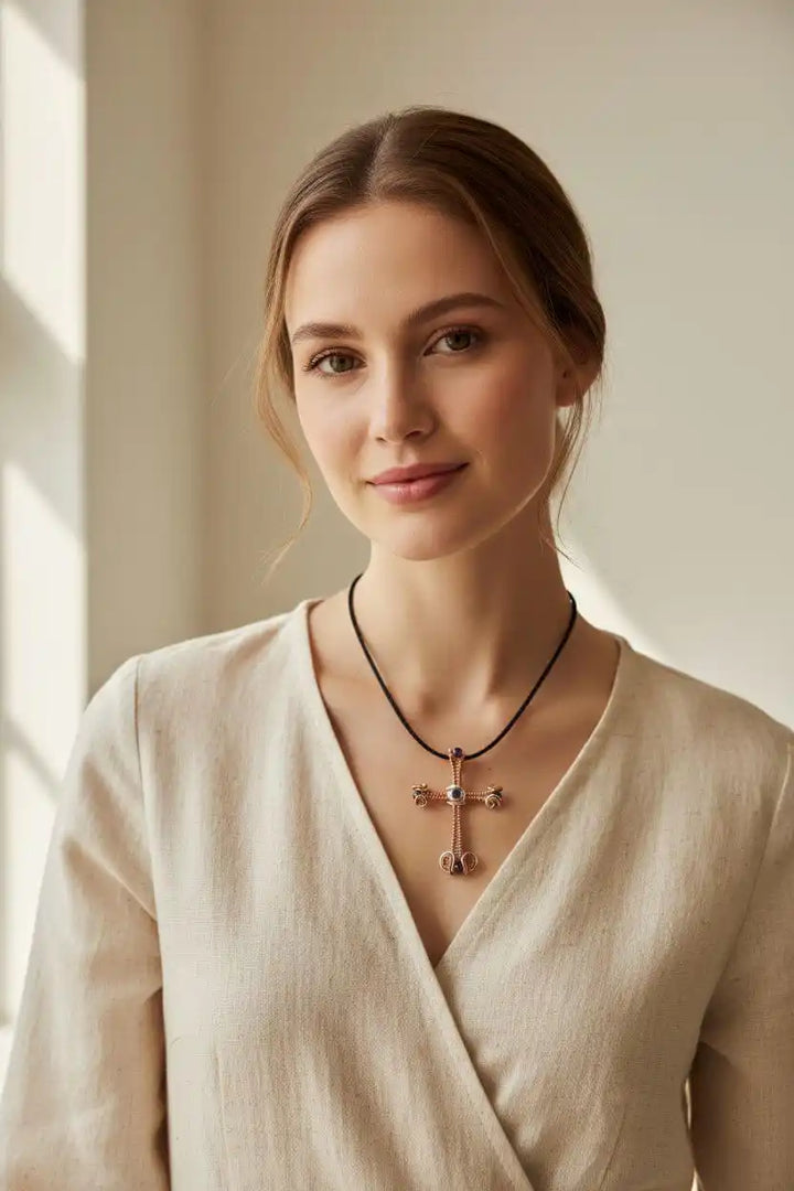 Large Wire Woven Copper Silver Amethyst Cross Necklace worn by a model in a light-colored top with a soft background.