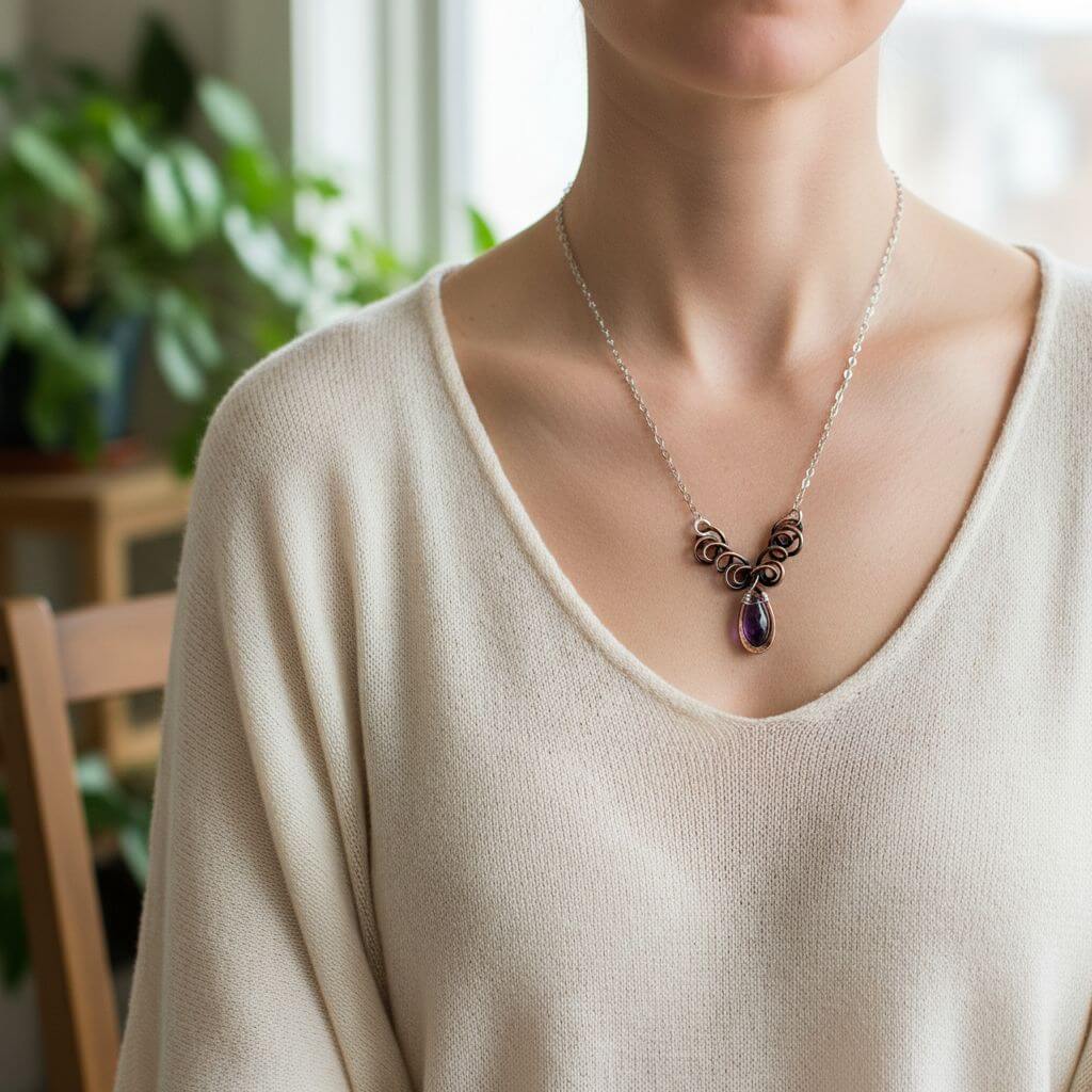 Sterling Silver and Copper Wire Sculpted Amethyst Crystal Drop Necklace