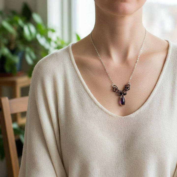 Sterling Silver and Copper Wire Sculpted Amethyst Crystal Drop Necklace