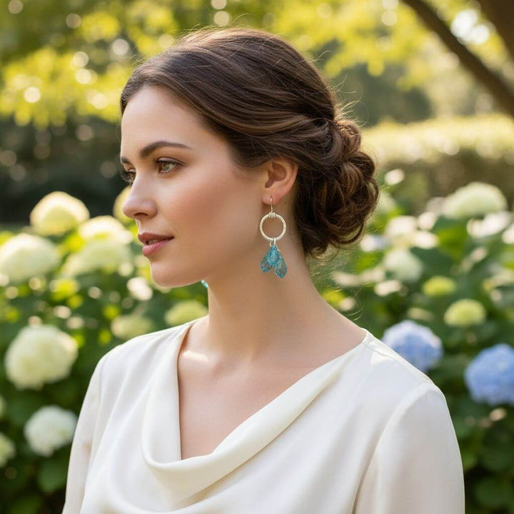 Sterling Silver Hammered Aqua Crystal Cascading Drop Earrings