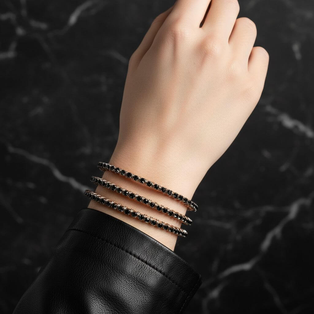 Wire Wrapped Copper Silver Black Crystal Rhinestone Bangle