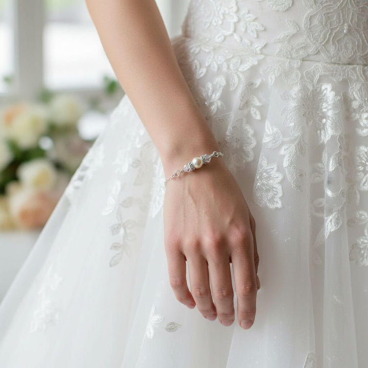 Silver Swarovski Crystal Pearl Bar Bridal Bracelet