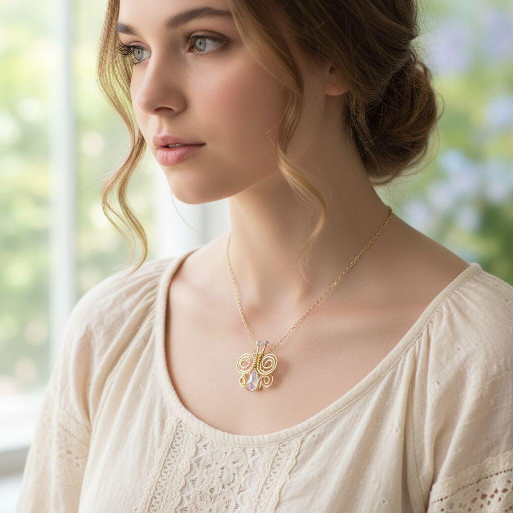 Handmade Wire Sculpted Crystal Butterfly Necklace