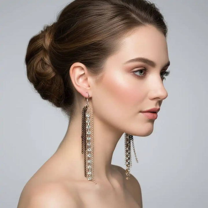 Rhinestone Crystal Chain Fringe Earrings showcased on a model, highlighting the cascading design and sparkling details.