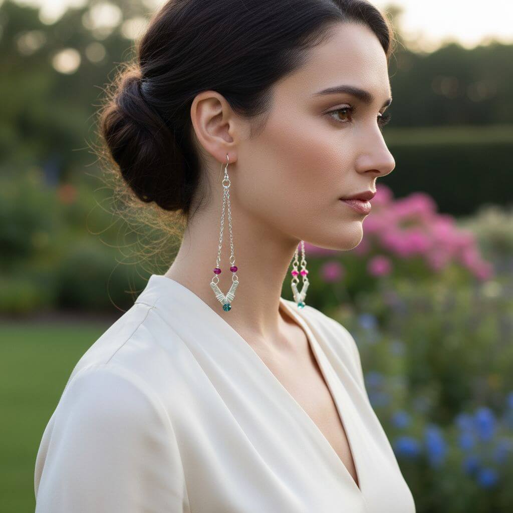 Sterling Silver Chevron Hot Pink Green Gemstone Earrings