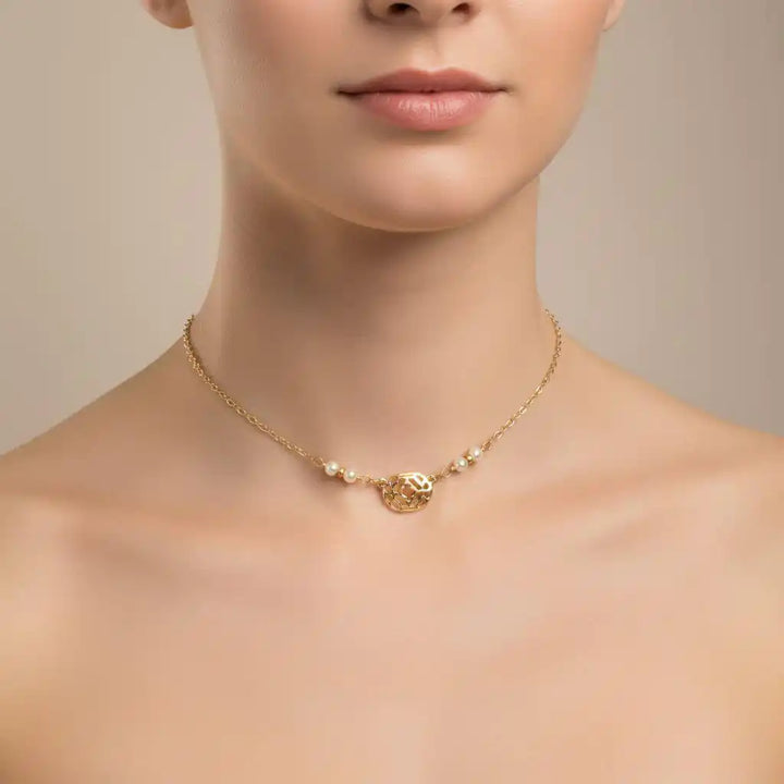 As Seen on Molly Ringwald Gold Filled Pearl Choker Necklace worn by a model showcasing its elegant design.