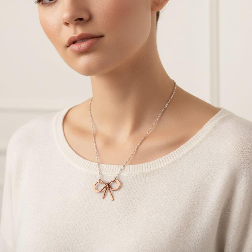 Wire Wrapped Copper Bow Tie  Silver Chain Necklace