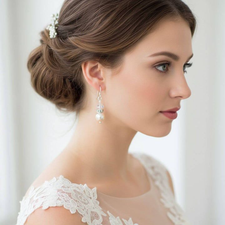 Silver Swarovski Crystal Pearl Stack Earrings in Various Colors