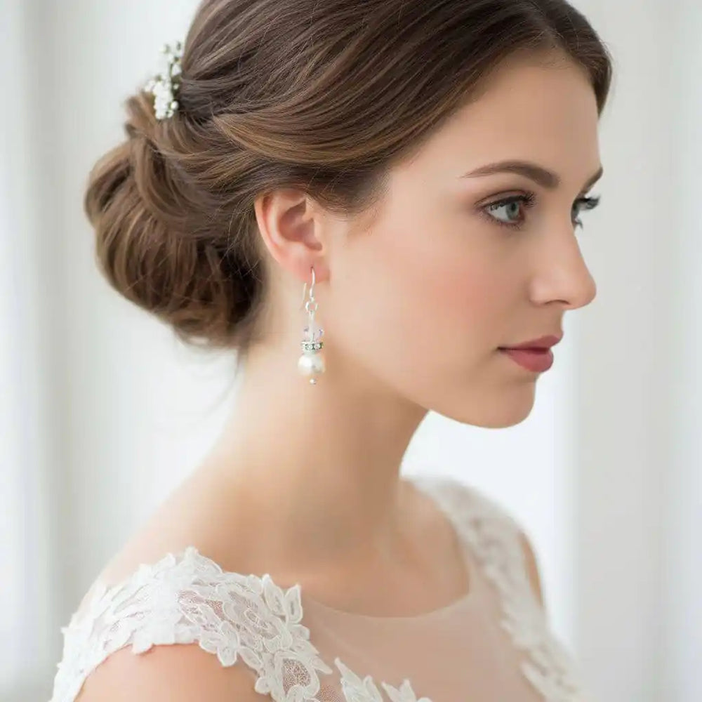 Various Color Swarovski Crystal Pearl Stack Earrings worn by a model with elegant hairstyle and bridal attire.