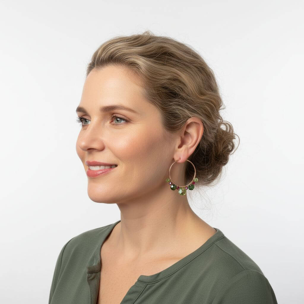 14 K Rose Gold Filled Red Green Holly Berry Crystal Hoops worn by a woman, showcasing festive elegance and holiday spirit.