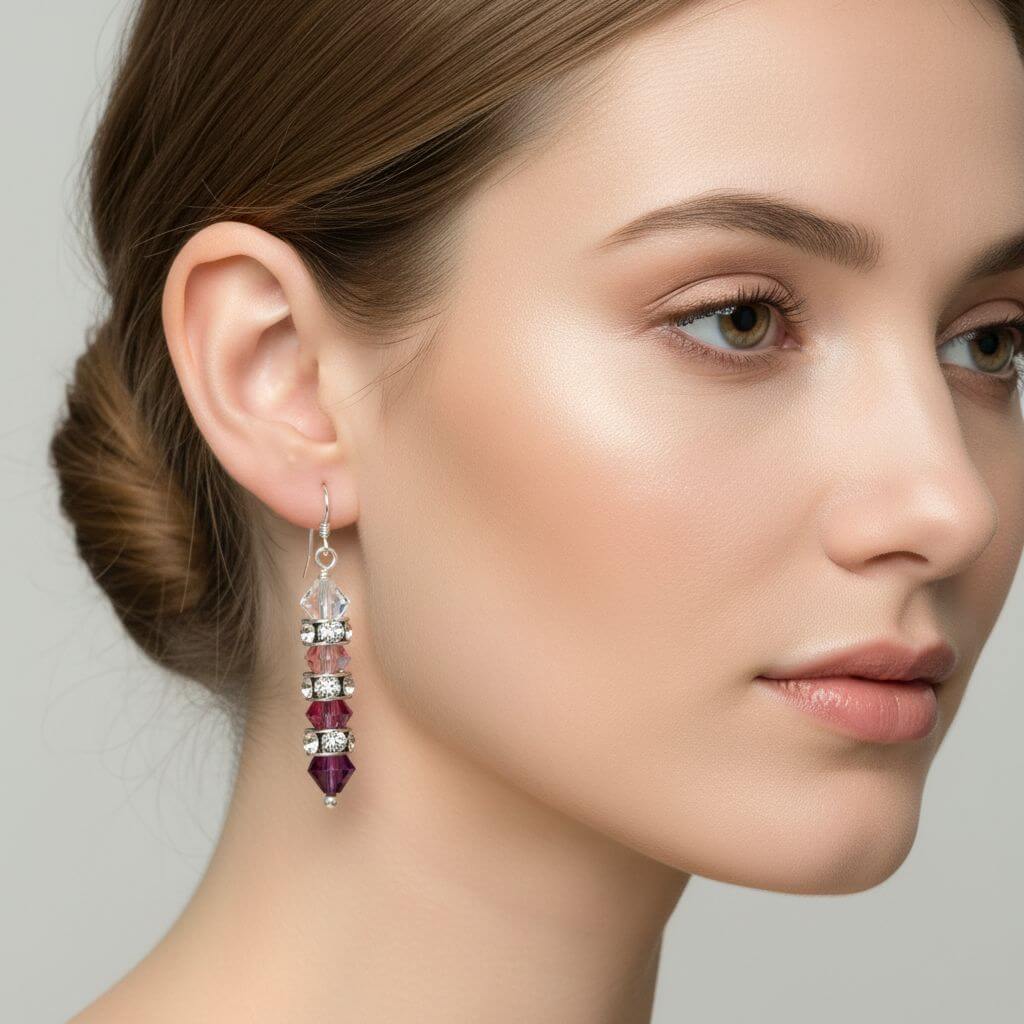 Hot Pink Ombre Stacked Crystal Sterling Silver Earrings