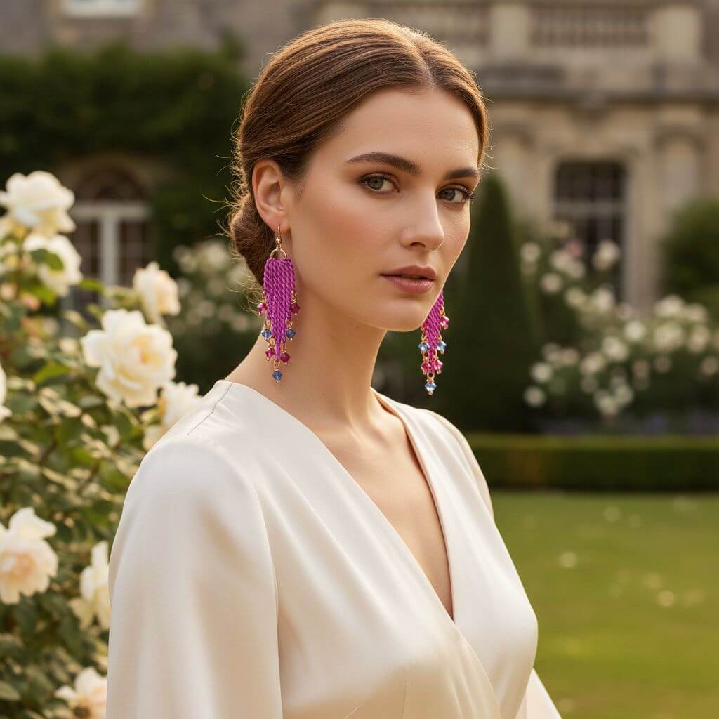 Hot Pink Tassel Chain Crystal Earrings