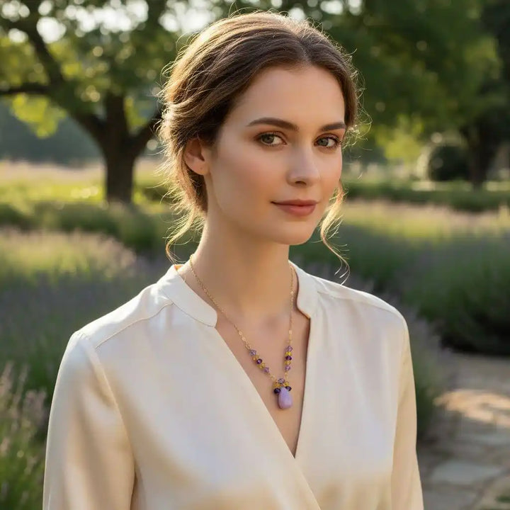 Model showcasing Lavender Candy Jade Drop Gold Wire Wrapped Necklace among a serene outdoor lavender setting.